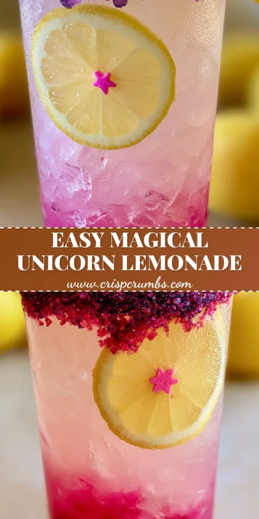 A tall glass of layered Unicorn Lemonade with a magenta syrup base, pale pink lemonade, jagged ice, and a sparkling purple sugar rim.