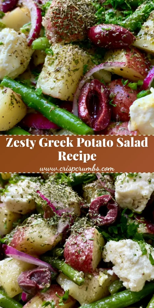 A close-up shot of a Mediterranean Greek Potato Salad in a rustic ceramic bowl with red-skinned potatoes, green beans, and feta crumbles.