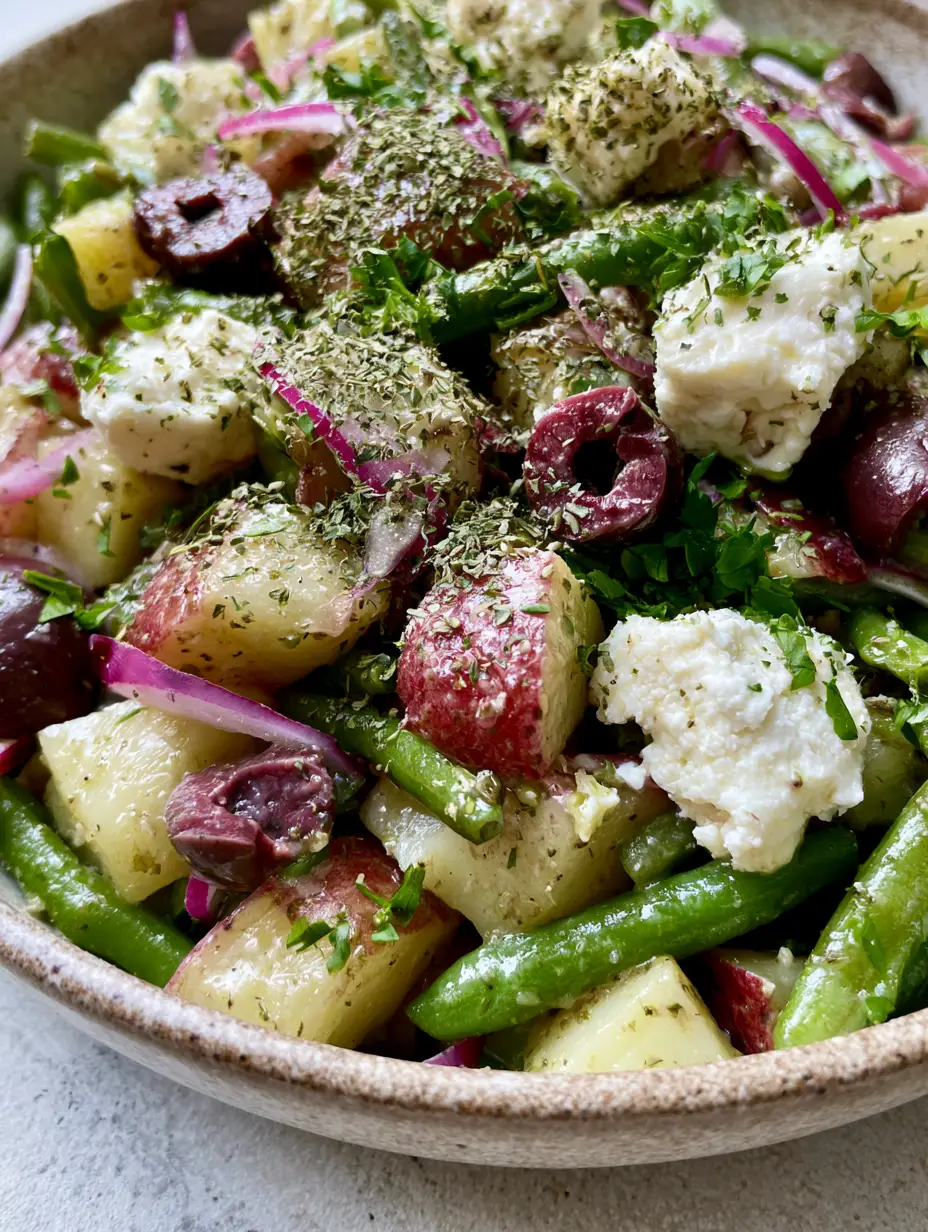 High-angle close up of Greek Potato Salad showing bright green beans and large creamy white feta crumbles. (Greek Potato Salad)