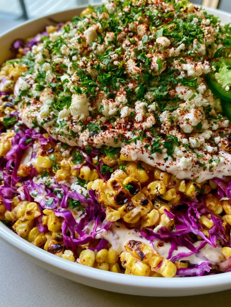 An overflowing bowl of Mexican Street Corn Salad with heavy cilantro, jalapeño slices, and a velvety white lime-crema sauce.