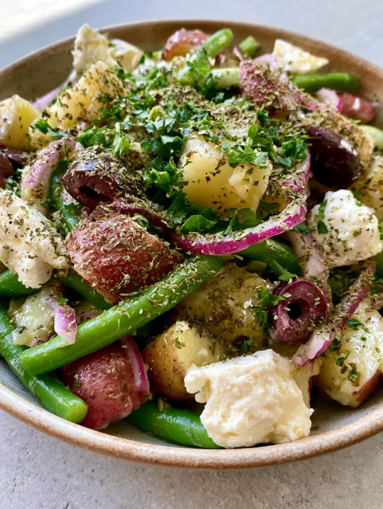 Greek Potato Salad served in a rustic bowl on a gray stone surface under natural daylight.