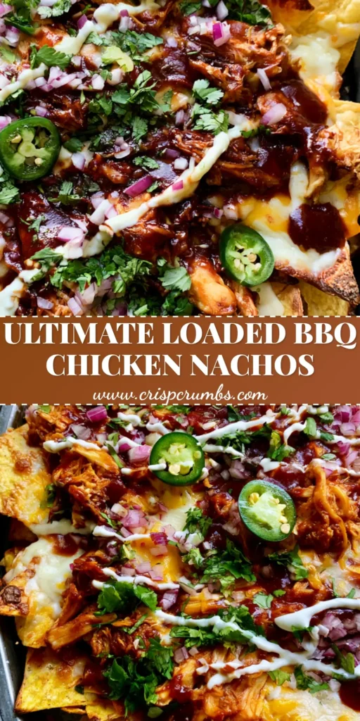 A close-up, top-down view of a rustic metal baking sheet filled with loaded BBQ Chicken Nachos, featuring melted cheese and a ranch drizzle. (BBQ Chicken Nachos)