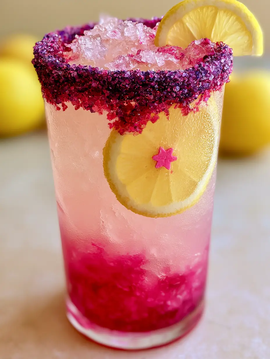 Tall glass filled with jagged ice cubes and magenta syrup bleeding into pink lemonade. (Unicorn Lemonade)