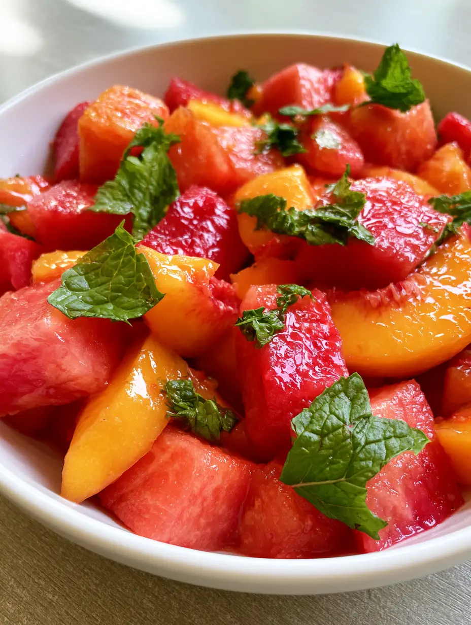 Close up top-down shot of Peach Watermelon Salad showing the wet, glistening texture of the fruit and bright green mint leaves. (Peach Watermelon Salad)
