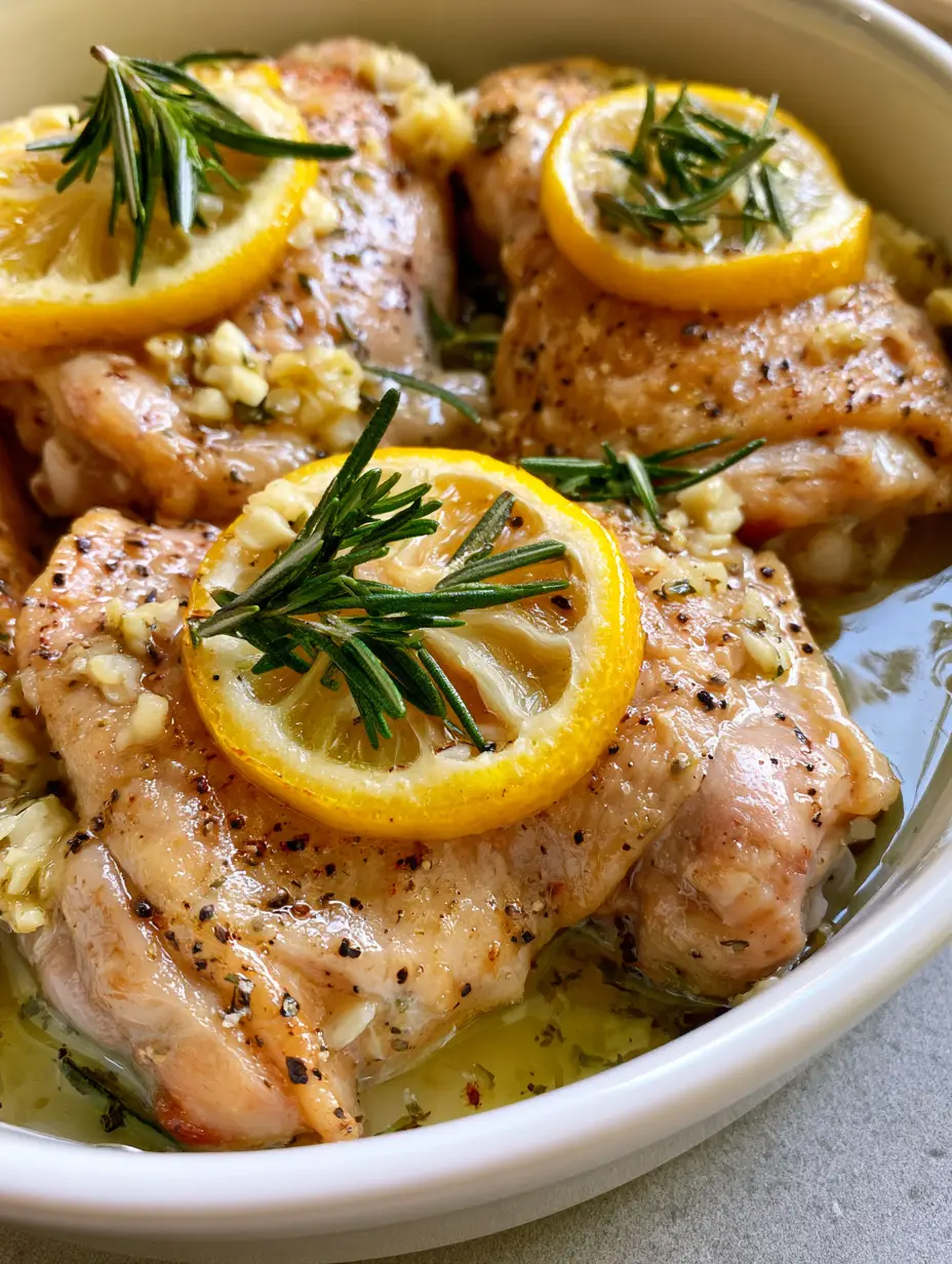 Summer Crockpot Recipes: Lemon Rosemary Slow Cooker Chicken Thighs 4 Close-up of moist slow-cooked chicken thighs topped with lemon rounds and rosemary sprigs. (summer crockpot recipes)