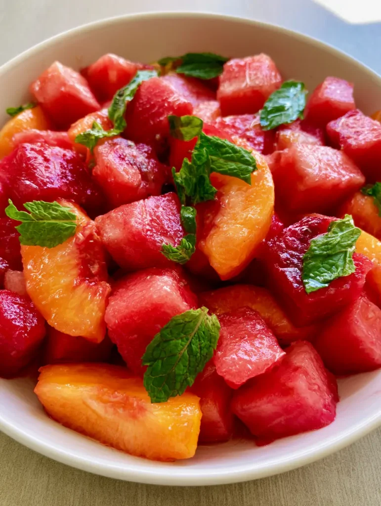 Peach Watermelon Salad served in a white bowl on a light wood table under soft natural daylight.