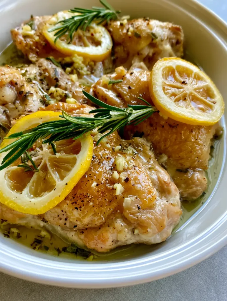 Summer Crockpot Recipes: Lemon Rosemary Slow Cooker Chicken Thighs 1 Slices of yellow lemon and fresh rosemary resting on golden-brown chicken skin in a clear broth.