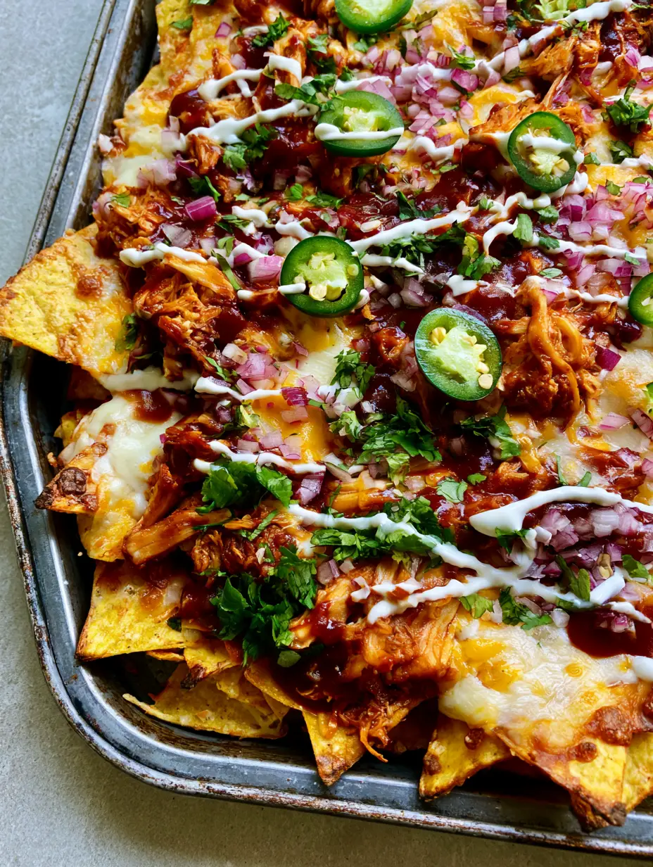 Overhead shot of crispy yellow corn chips topped with mahogany BBQ chicken and melted Monterey Jack cheese. (BBQ Chicken Nachos)