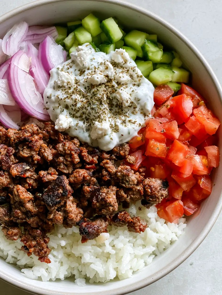 Close-up high-angle shot of a Greek Lamb Gyro Bowl with charred lamb crumbles and vibrant Mediterranean vegetables.