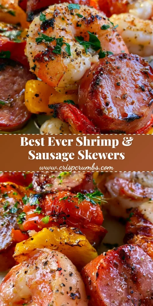 Grilled Shrimp and Sausage Skewers with Blistered Peppers and Herb Glaze 3 Three Grilled Shrimp and Sausage Skewers resting on a neutral plate with charred edges, blistered red and yellow peppers, and a glistening herb glaze. (Grilled Shrimp and Sausage Skewers)