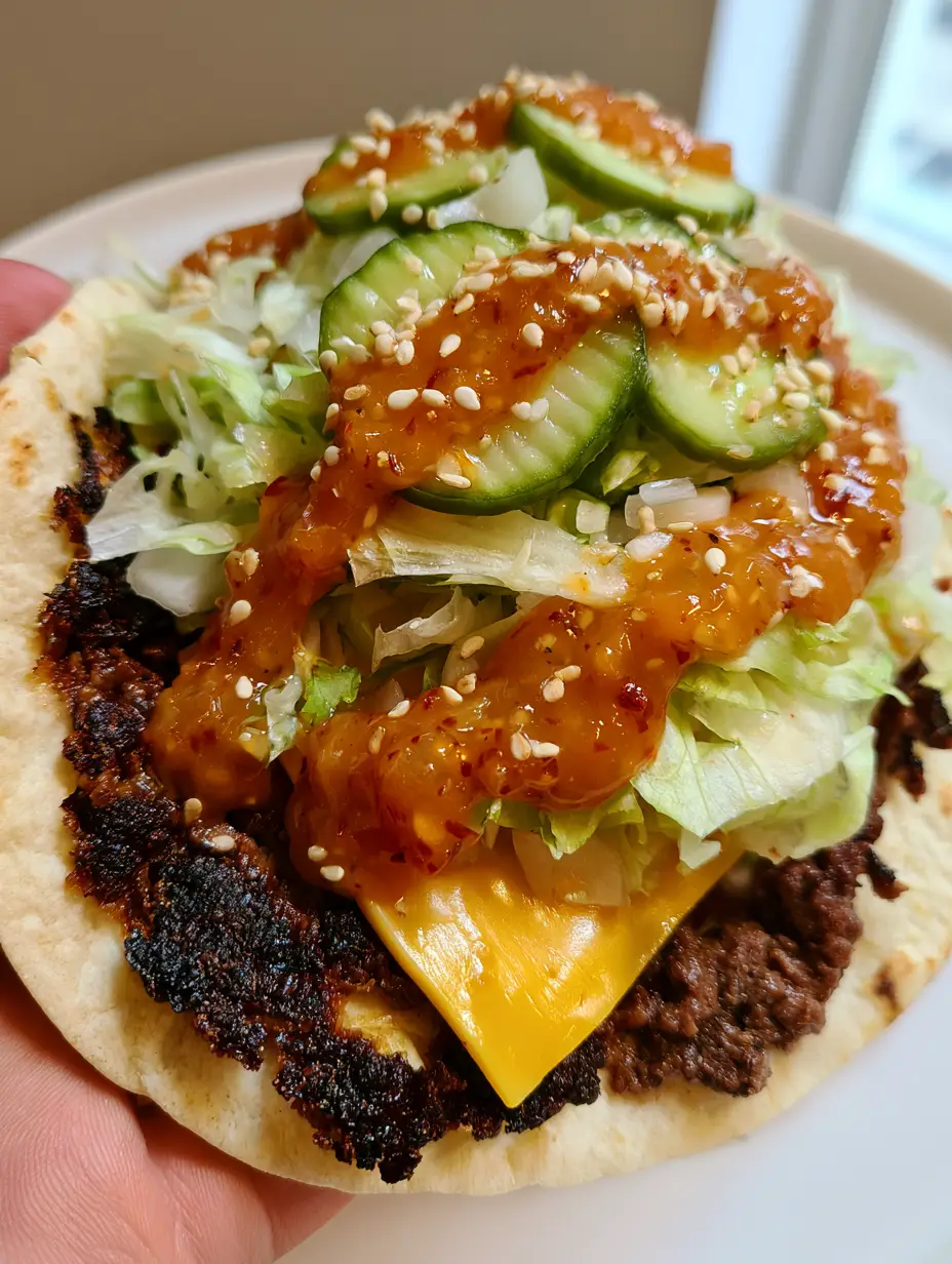 Close up photo of a Smash Burger Taco being held, showing the dark brown charred crispy edges and melted American cheese. (Smash Burger Tacos)
