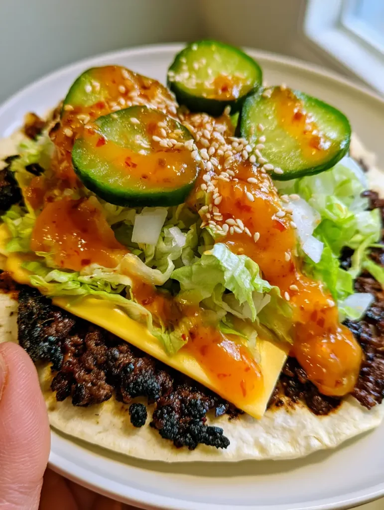 A top-down view of a Smash Burger Taco showing the thick orange sauce with relish specks and toasted sesame seeds.