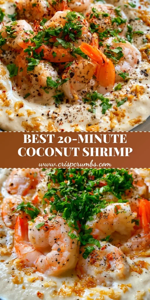 A shallow dark grey ceramic bowl filled with Creamy Coconut Garlic Shrimp in a thick ivory sauce, garnished with cilantro and chili flakes.