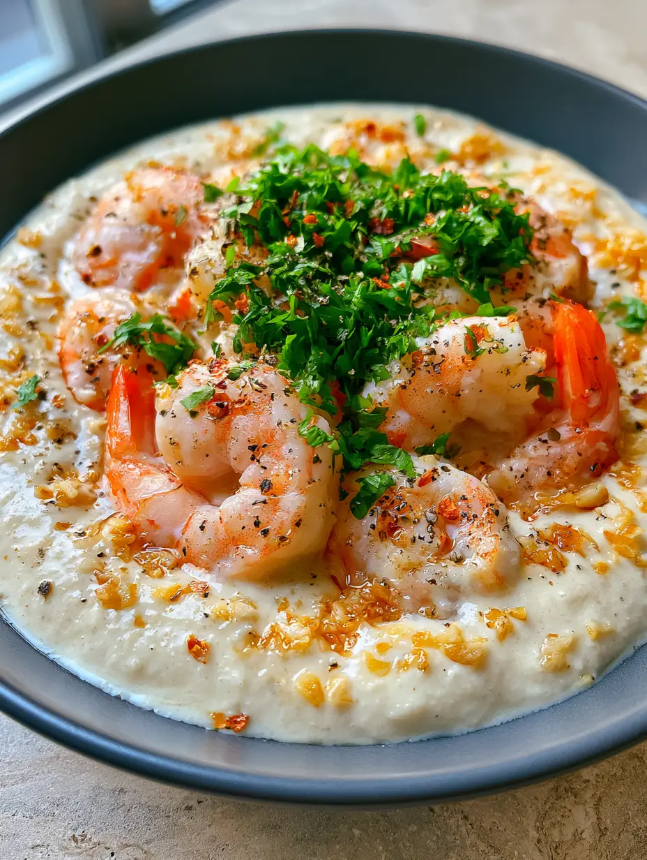 Close-up of plump pink shrimp with vibrant orange tails in a velvety coconut sauce with golden garlic flecks.