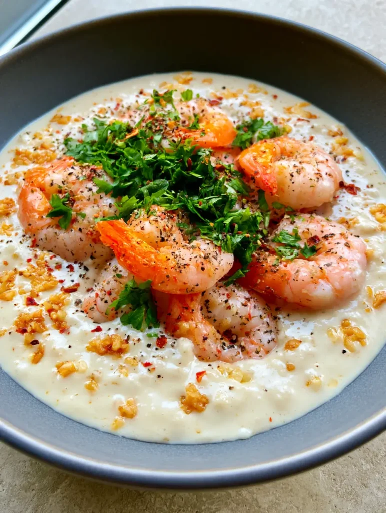 Handheld photo of Creamy Coconut Garlic Shrimp plated on a stone surface with soft natural lighting.