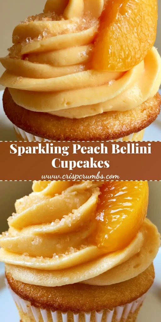 A close-up of Peach Bellini Cupcakes with a tall peach buttercream swirl, fresh peach wedge, and sparkling sugar in white liners.