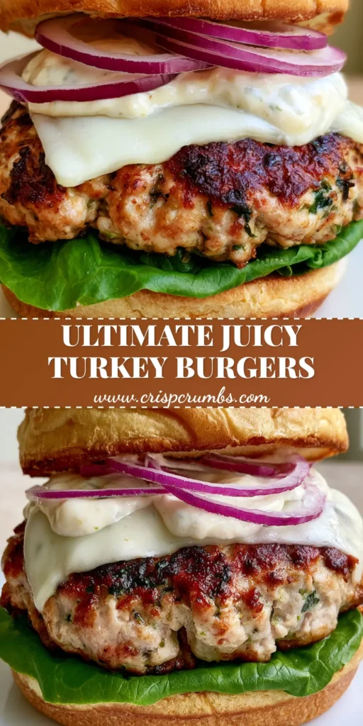 A towering gourmet Juicy Ground Turkey Burger with melted provolone cheese, red onion, and garlic aioli on a sesame brioche bun.