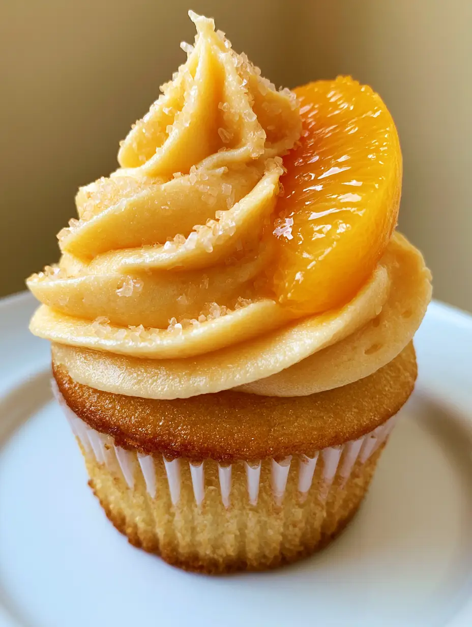 A single Peach Bellini Cupcake on a white plate showing the golden-brown sponge and sparkling sugar grains. (Peach Bellini Cupcakes)