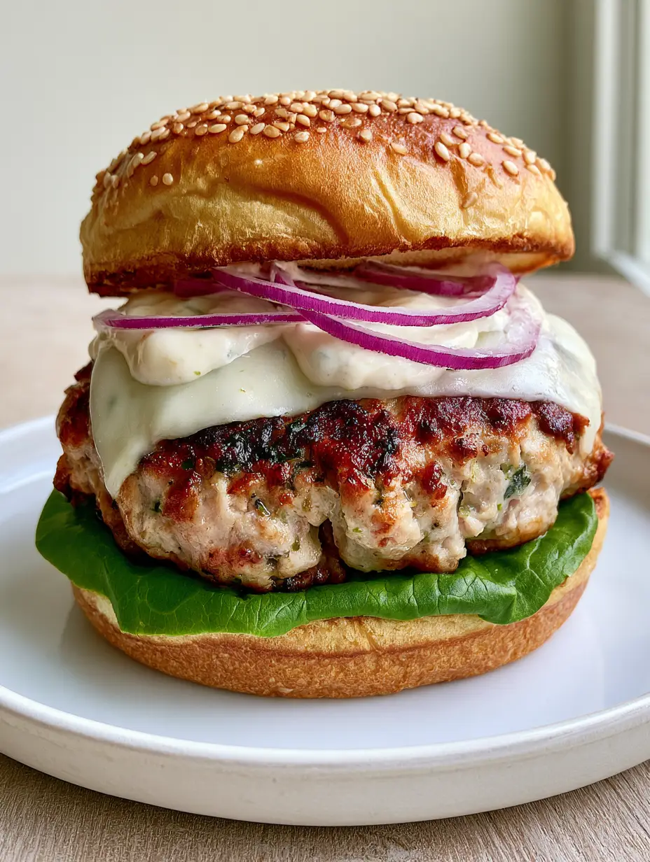 Side view of a gourmet turkey burger showing the seared edges, herb flecks, and melted provolone cheese. (Juicy Ground Turkey Burgers)