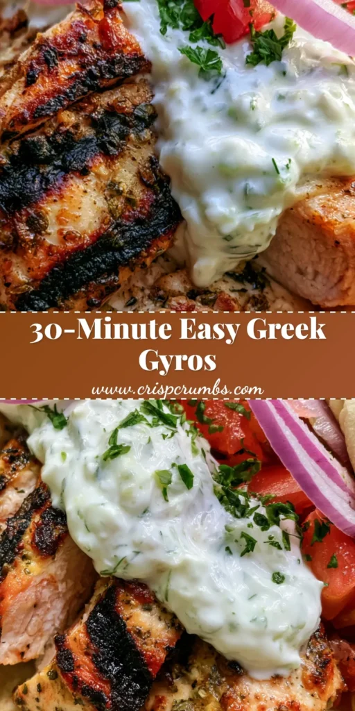 A handheld Greek Chicken Gyro wrap with charred herb-marinated chicken, creamy tzatziki, red onions, and tomatoes in a soft pita bread. (Greek Chicken Gyros)