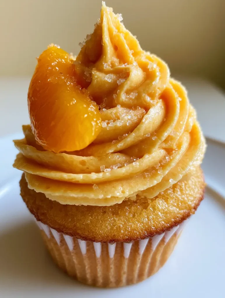 Top-down view of the thick peach-colored buttercream swirl topped with a fresh orange peach wedge. (Peach Bellini Cupcakes)