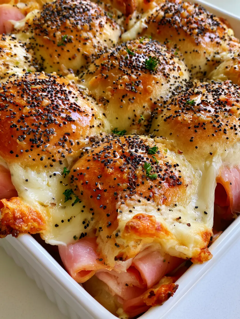 Close-up of glistening slider buns with black poppy seeds and dried minced onion, a staple for easy vacation meals.