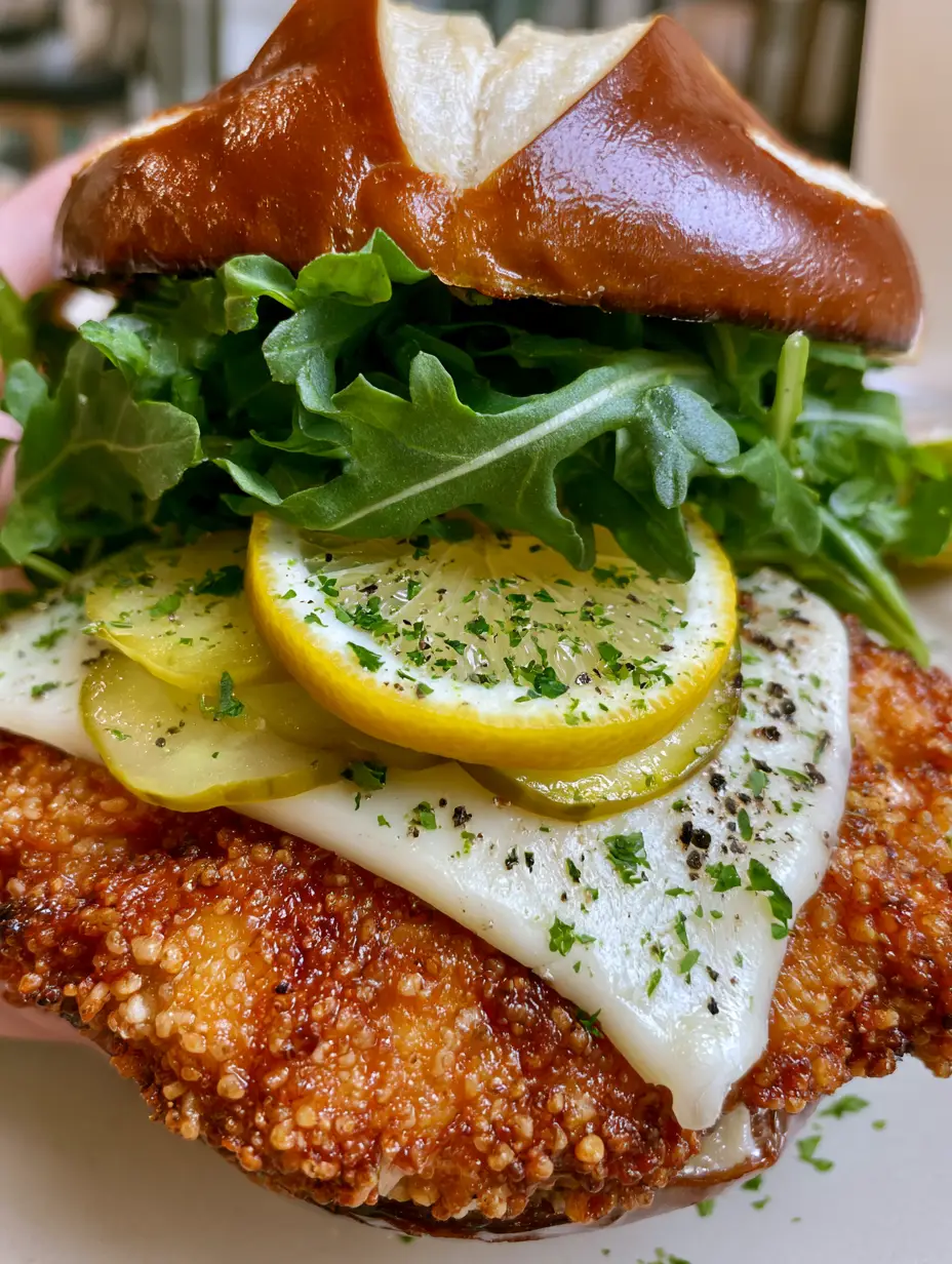 Handheld photo of a crispy Lemon Pepper Chicken Sandwich showing the deep-scored pretzel bun and pebbled chicken texture.