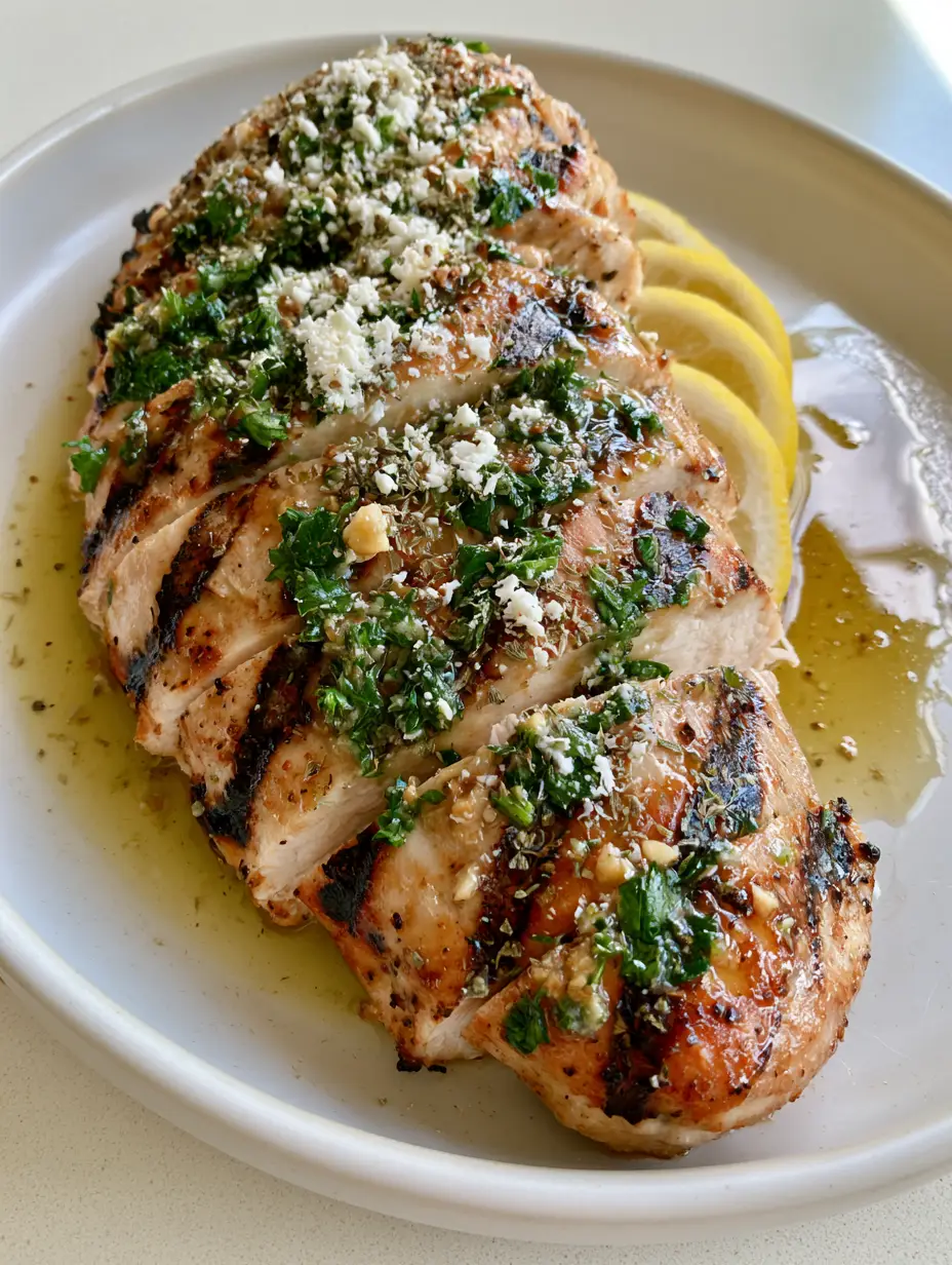 Smartphone photo of moist Greek Grilled Chicken breast slices with parsley and garlic herb oil. (Greek Grilled Chicken)
