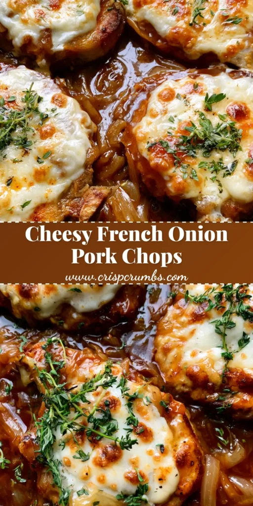 French Onion Pork Chops with Caramelized Onion Gravy and Bubbly Gruyere 4 Top-down shot of four French Onion Pork Chops in a cast iron skillet with bubbly toasted cheese and amber onion gravy.