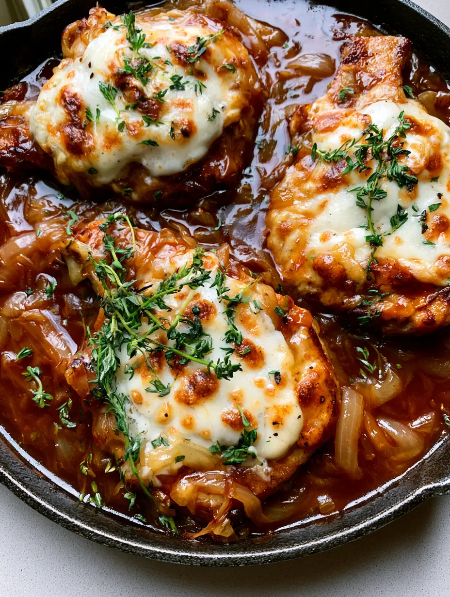 French Onion Pork Chops with Caramelized Onion Gravy and Bubbly Gruyere 3 Close-up of seared pork chops submerged in a thick, glossy amber caramelized onion sauce topped with melted white cheese.