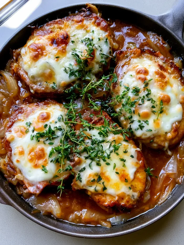 French Onion Pork Chops with Caramelized Onion Gravy and Bubbly Gruyere 1 Pork chops in a skillet with translucent onion strands and golden-brown cheese bubbles, garnished with fresh thyme leaves.
