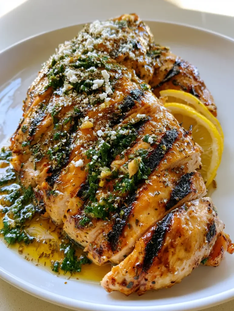A close-up shot of grilled chicken topped with crumbled feta and dried oregano on a white ceramic plate.