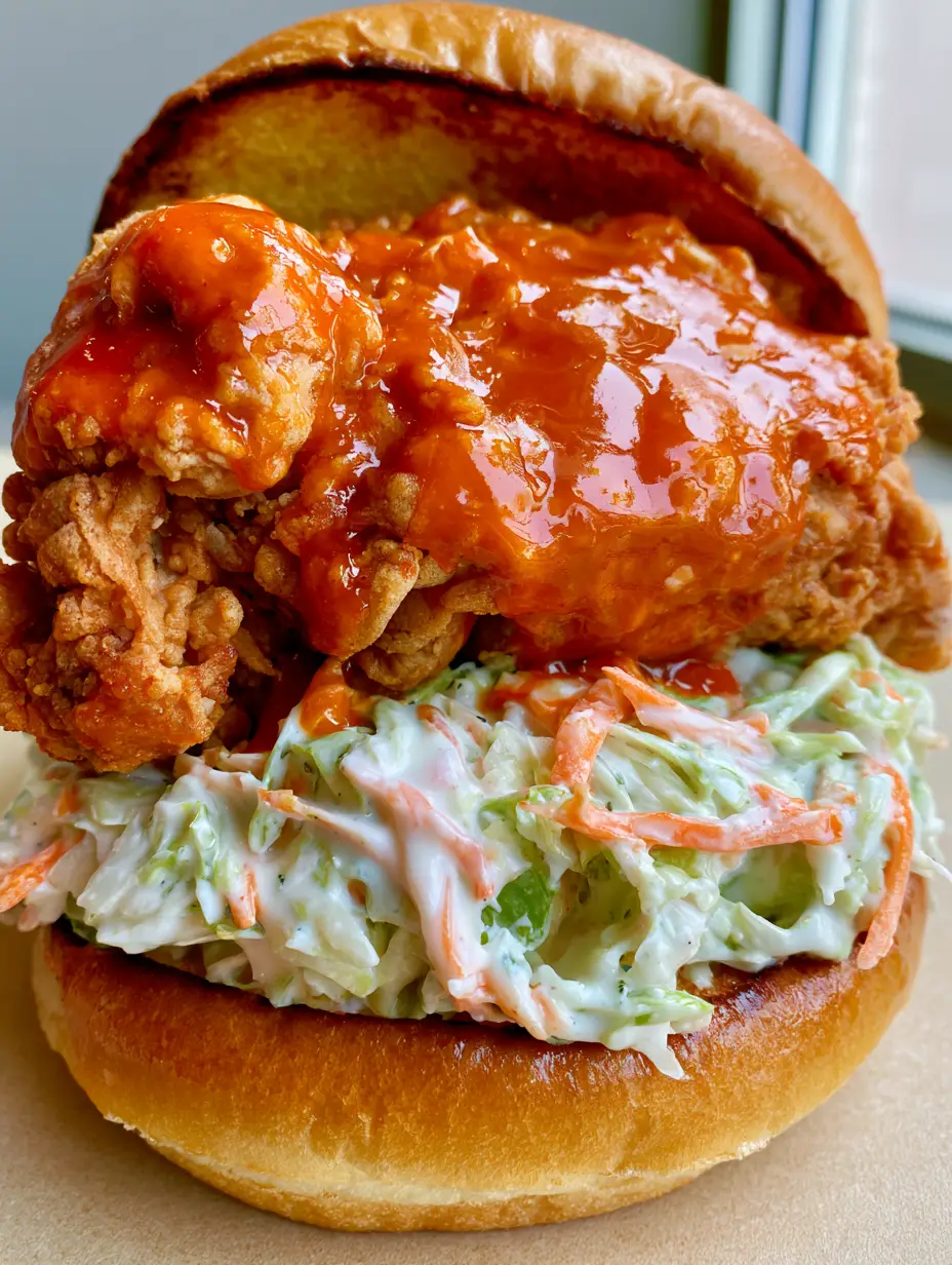 Close up of a crispy Buffalo Chicken Sandwich showing the craggy breading and bright orange-red sauce on a brioche bun.