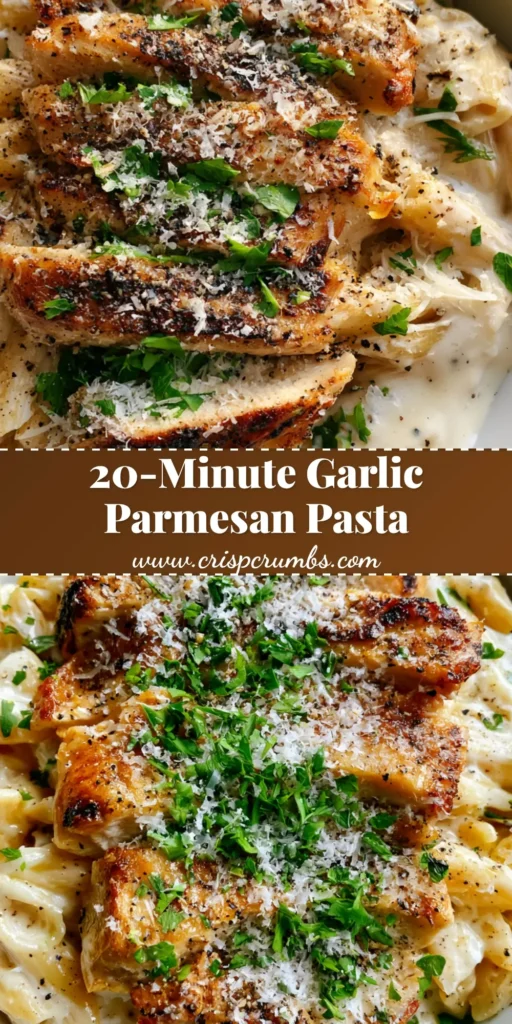A close-up vertical shot of Garlic Parmesan Chicken Pasta with sliced charred chicken breast, glossy cream sauce, and fresh parsley.