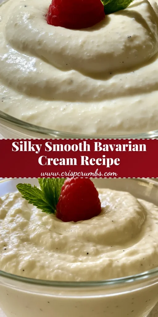 A handheld smartphone photo of a clear glass dish with silky pale ivory Bavarian cream, vanilla specks, a single red raspberry, and mint. (Bavarian Cream Recipe)
