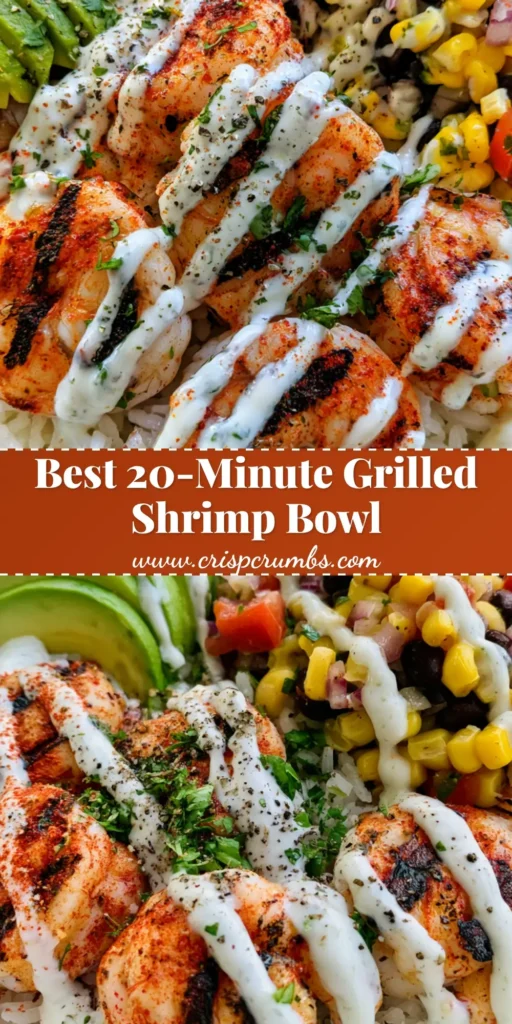 Top-down view of a Grilled Shrimp Bowl in a white ceramic dish with fanned avocado and zig-zag lime sauce.