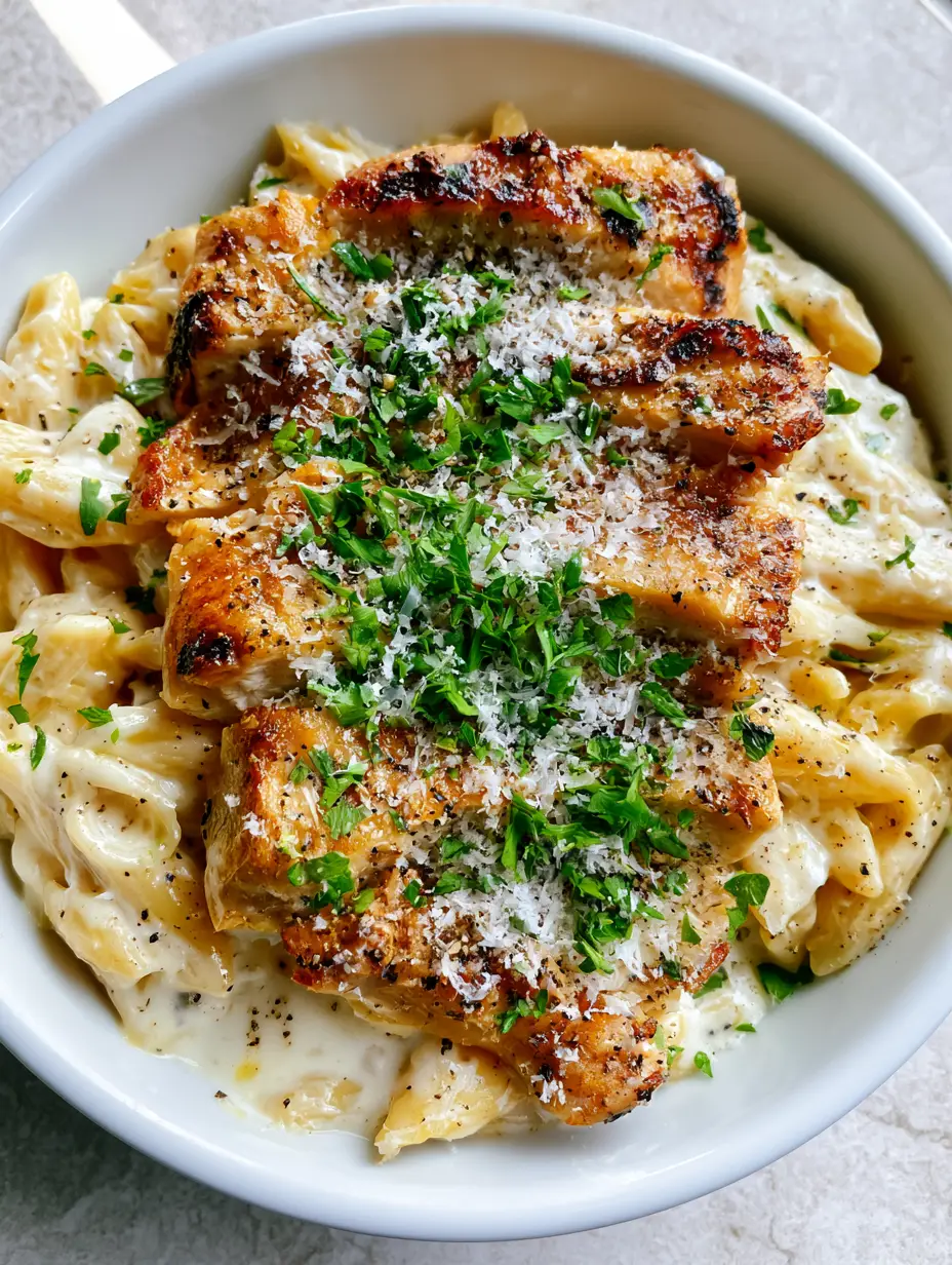 Top-down view of Garlic Parmesan Chicken Pasta in a white bowl showing charred chicken edges and glossy sauce.