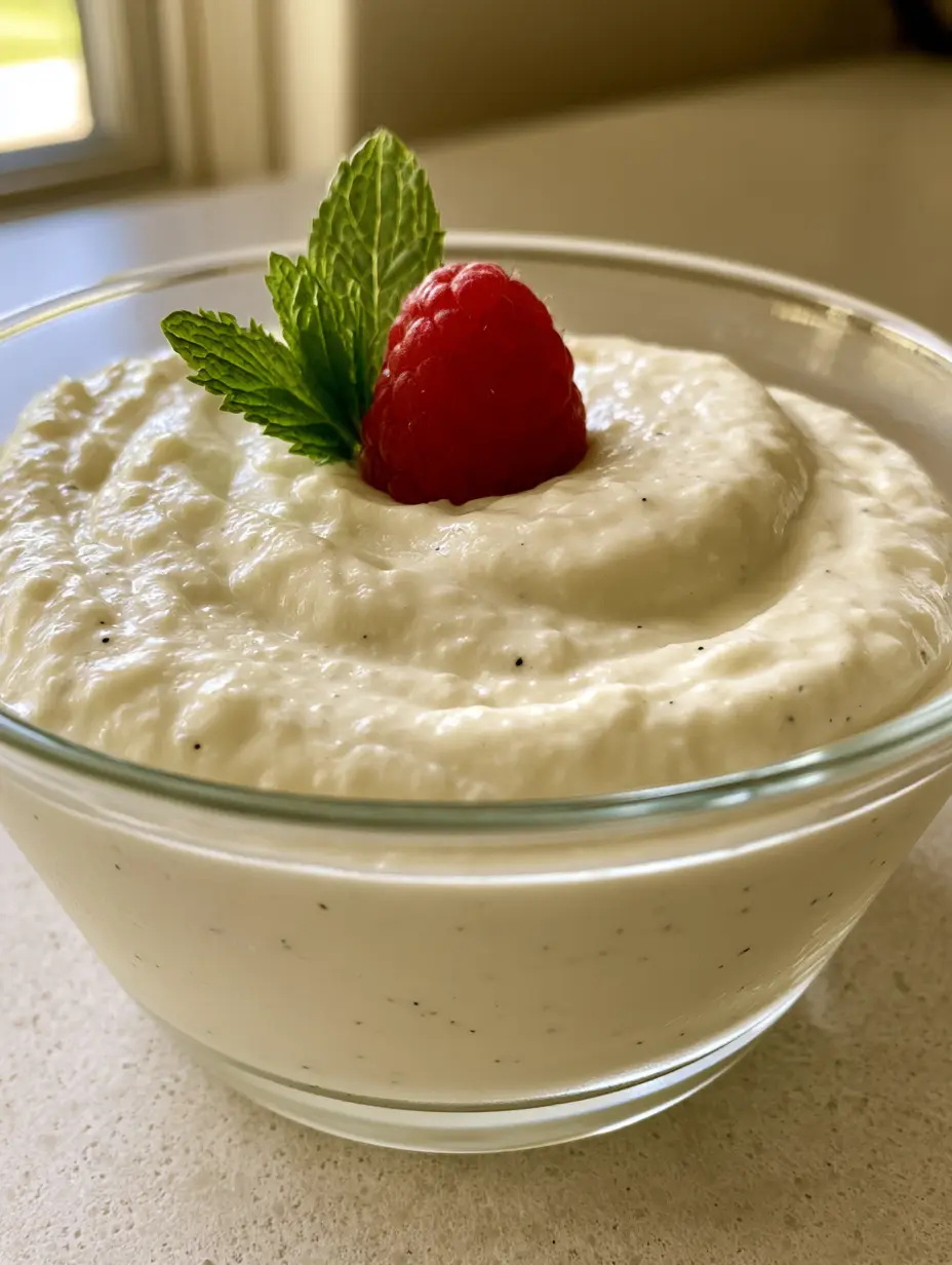 Overhead view of a clear glass bowl containing thick, silky smooth ivory cream with visible vanilla bean specks. (Bavarian Cream Recipe)