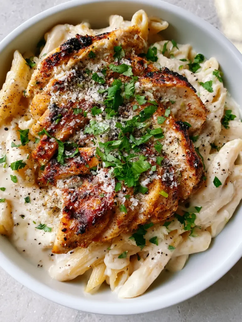 Smartphone style photo of Garlic Parmesan Chicken Pasta with heavy parmesan flakes and black pepper garnish.