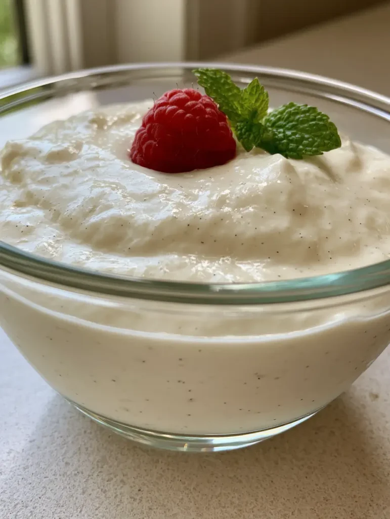 Side highlight view of Bavarian cream in a glass bowl on a stone countertop showing the airy structure. (Bavarian Cream Recipe)