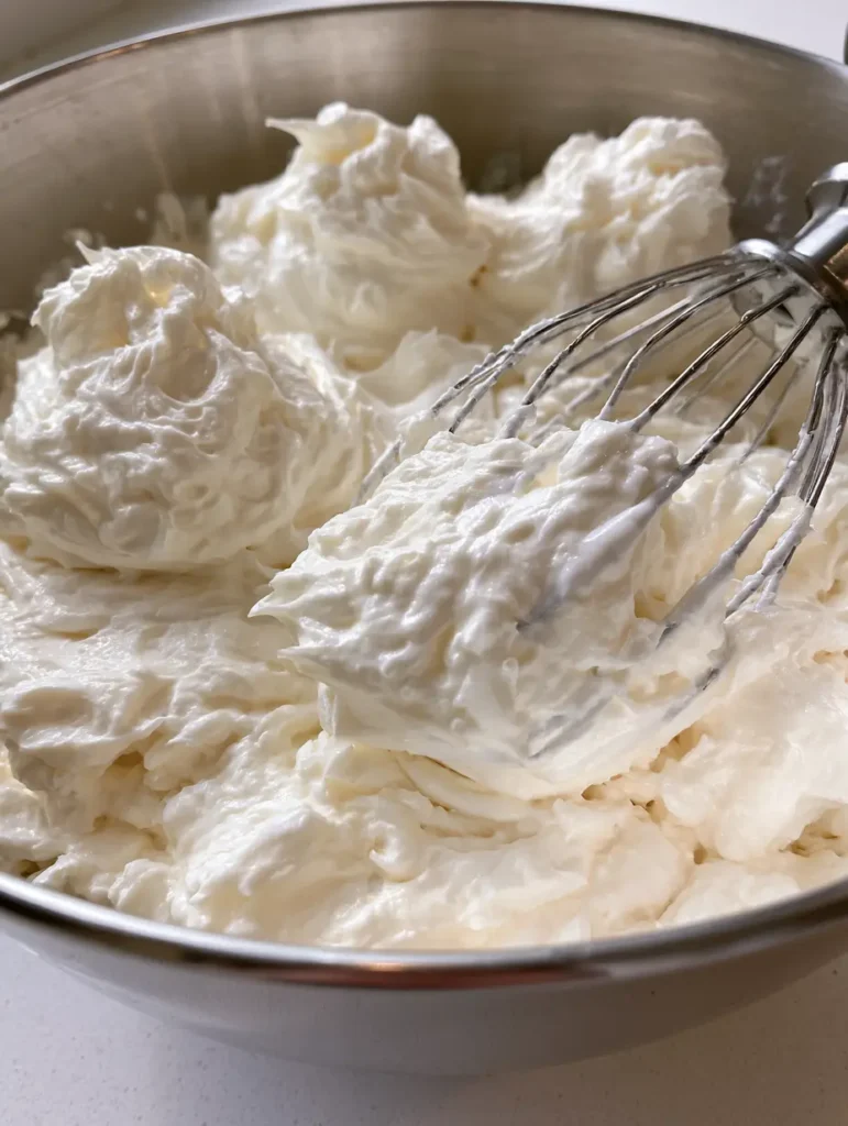 Italian Meringue Buttercream: The Ultimate Professional Guide to Silky Smooth Frosting 1 Close up of a wire whisk attachment heavily coated in thick, opaque Italian Meringue Buttercream. (Italian Meringue Buttercream)