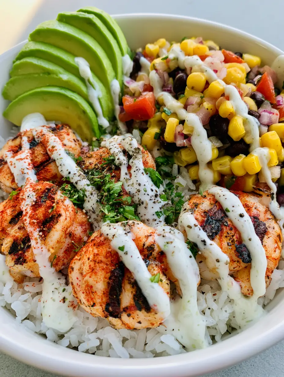 A handheld smartphone photo of a healthy Grilled Shrimp Bowl featuring charred shrimp and jasmine rice.