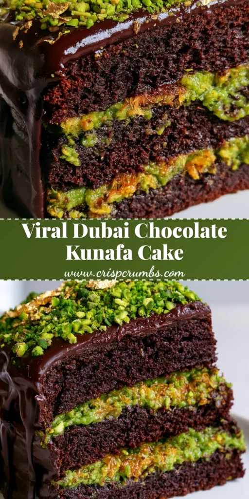 A thick slice of Dubai Chocolate Cake on a white plate showing three layers of cocoa sponge and vibrant green pistachio kunafa filling.