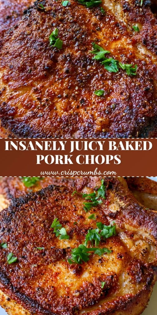 Two thick-cut bone-in Juicy Baked Pork Chops on a white plate with a golden-brown spice crust and fresh parsley garnish.