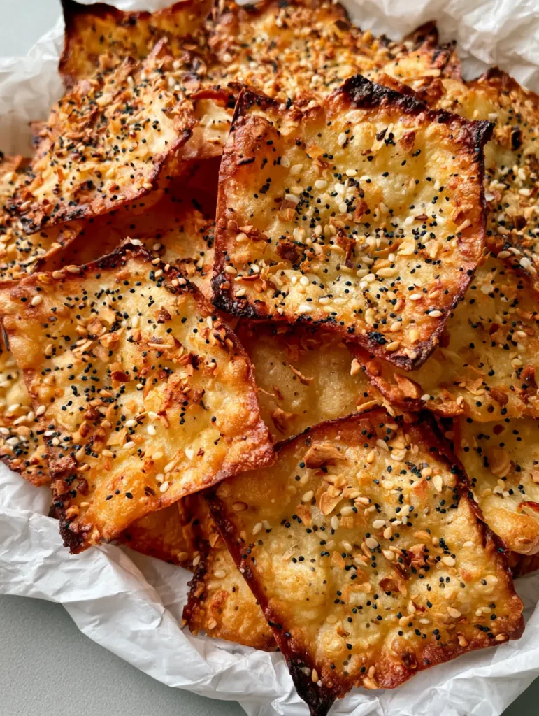 Close up of Cottage Cheese Crackers showing sesame seeds, poppy seeds, and dried garlic flakes.