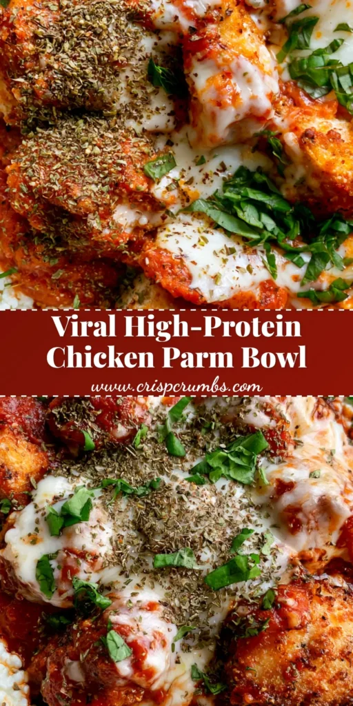 A top-down view of a Chicken Parm Cottage Cheese Bowl featuring golden breaded chicken and melted mozzarella over a cottage cheese base.