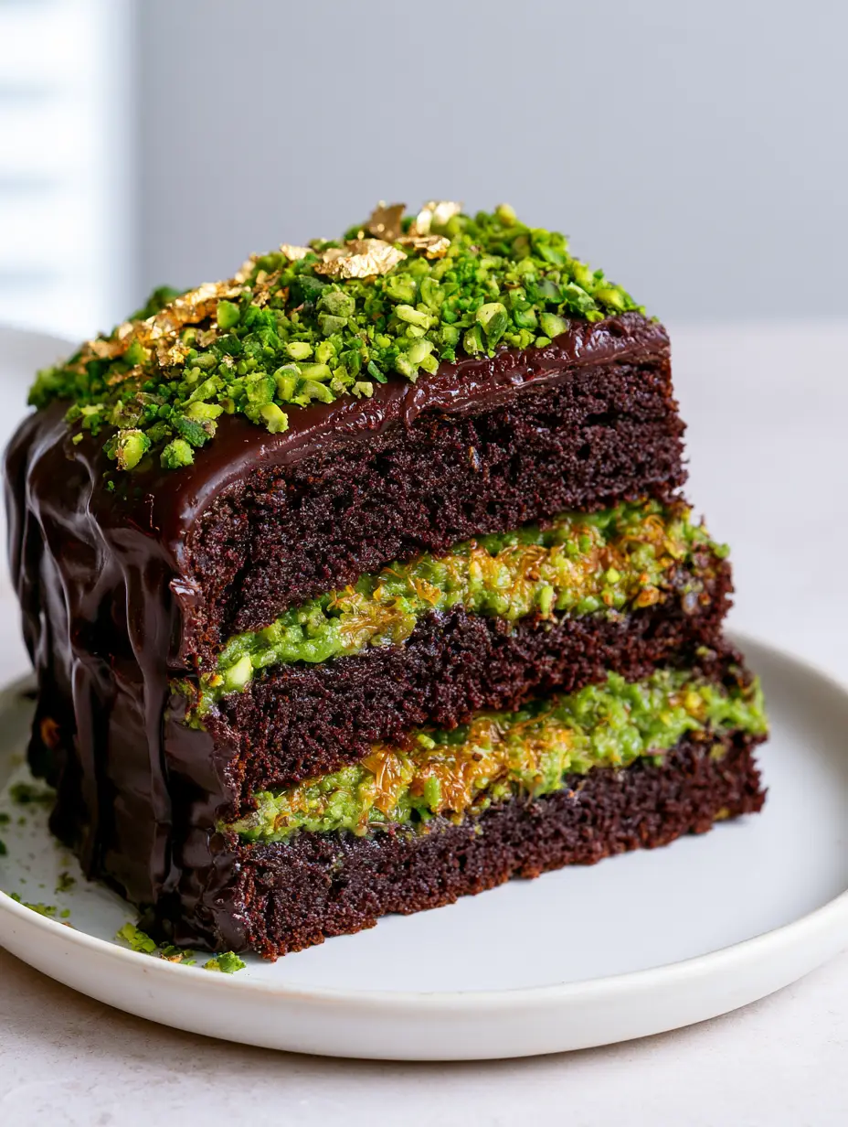 Close-up of Dubai Chocolate Cake layers with bright green pistachio paste and golden toasted kunafa pastry.