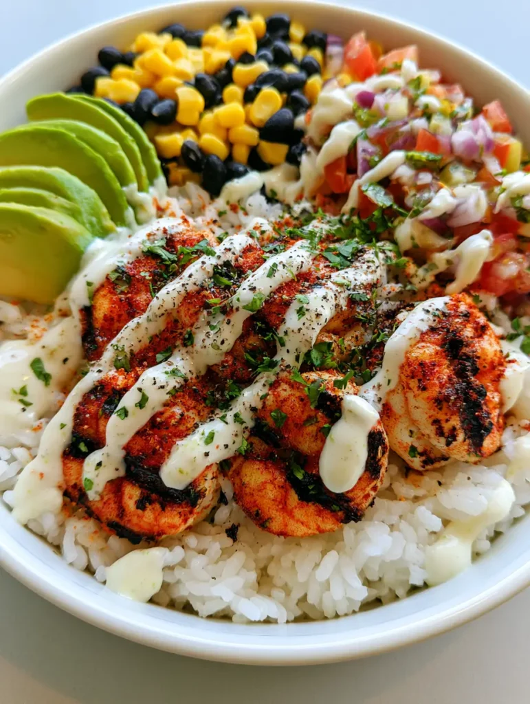 Close-up of charred grilled shrimp with paprika seasoning and black pepper on a bed of rice.