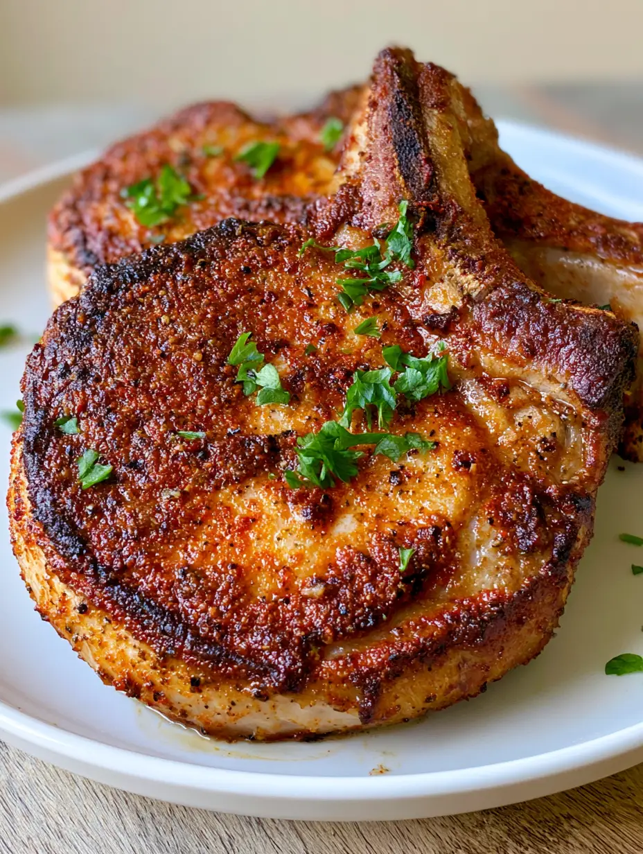 A close-up handheld photo of two Juicy Baked Pork Chops with a textured paprika and pepper rub on a wooden table.