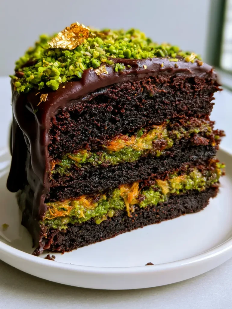 Glossy dark chocolate ganache dripping down the side of a Dubai Chocolate Cake garnished with gold leaf.
